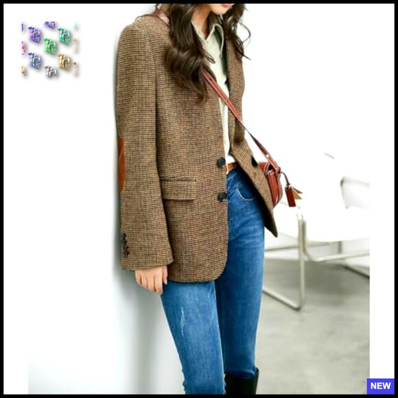 Wool Blend Blazer Classic Plaid Business Casual Work Coat Elegant Retro - Picture 5 of 7